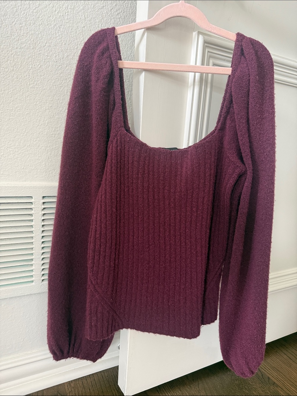 Burgundy Square-Neck Ribbed Women's Wool-blend Sweater